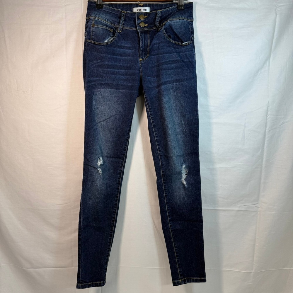 C'est Toi Distressed Skinny Jeans Dark Wash Denim‎ Double Button Size 5